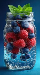 Fresh berries in a glass jar with sparkling water and mint