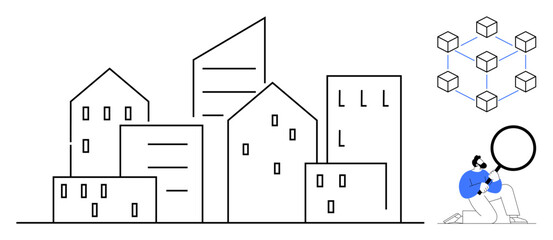 Urban skyline with diverse buildings, magnifying glass analyzing blockchain network. Ideal for architecture, research, technology, data, connection, innovation planning. Minimalistic flat metaphor