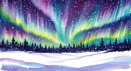 Watercolor Aurora Borealis Painting with Snowy Landscape and Starry Sky.