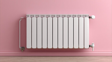 Modern white home radiator with control valve mounted on a pastel pink wall, interior heating concept, clean and minimal style, high-resolution, realistic lighting