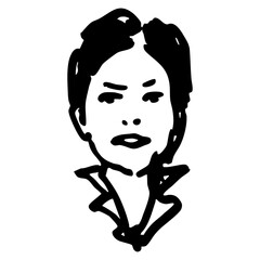 Head of a pretty young woman with short haircut and a collar. Female portrait. Hand drawn linear doodle rough sketch. Black and white silhouette.