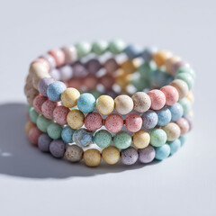 Pastel-colored stacked beaded bracelet, close-up, isolated on a clean white background
