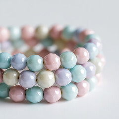 Pastel-colored stacked beaded bracelet, close-up, isolated on a clean white background