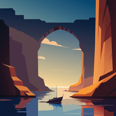 wide arch carved in cliffs with small boat passing (2).eps