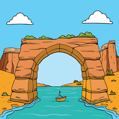 wide arch carved in cliffs with small boat passing.eps