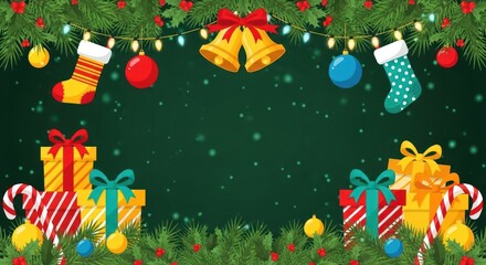 Festive Christmas Holiday Background with Evergreen Garland, Glowing Lights, Bells, Stockings, Wrapped Presents, and Ornaments on a Dark Green Backdrop