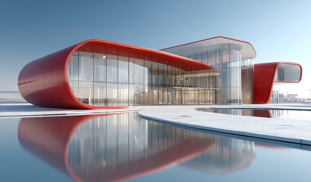 A modern building with a unique red curved design, featuring large glass windows and a reflective water surface in the foreground.