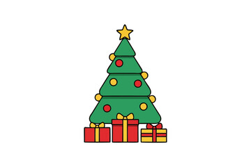 A festive Christmas tree adorned with ornaments and a star, surrounded by wrapped presents.