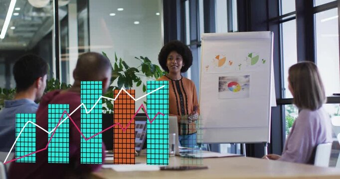 Presenter starting presentation in business meeting animating upward graphs illustrating growth
