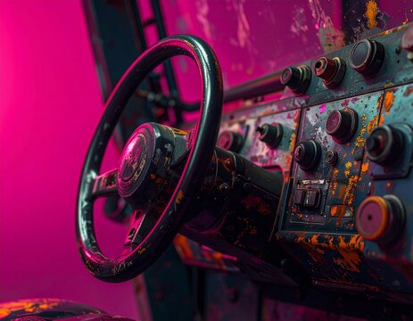 Macro shot of a forklift control panel and steering wheel, with worn paint, buttons, and natural hand-use textures, bright magenta studio background
