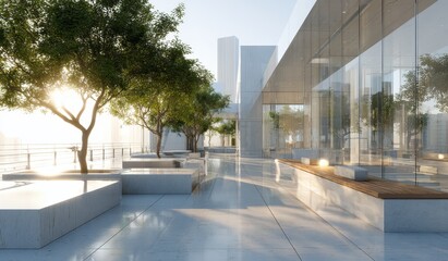 Obraz premium A modern urban outdoor area with trees, glass buildings, and clean pavement under natural light.
