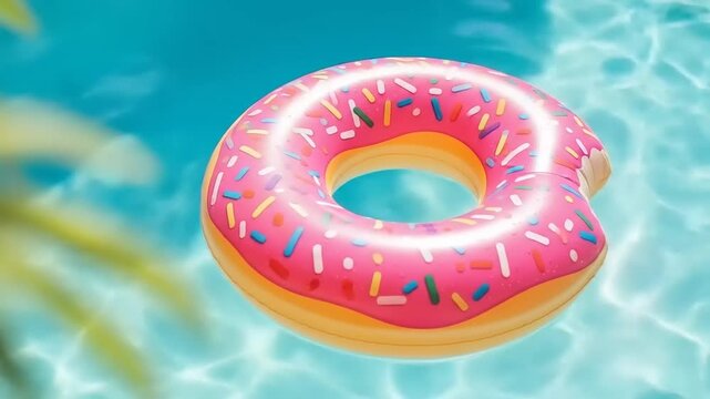 Colorful inflatable donut float in a sparkling blue pool surrounded by palm leaves