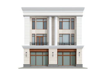 Elegant two-story classical building with columns and large windows on transparent background