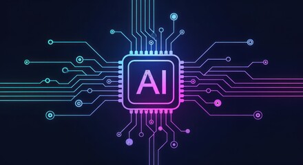 Futuristic AI Microchip with Gradient Neon Circuitry and Digital Connections