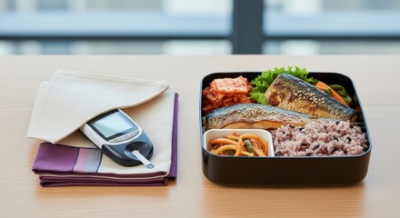 Japanese bento lunch box with grilled mackerel fish and mixed grain rice beside blood glucose meter and purple notebook on wooden table for diabetes meal planning