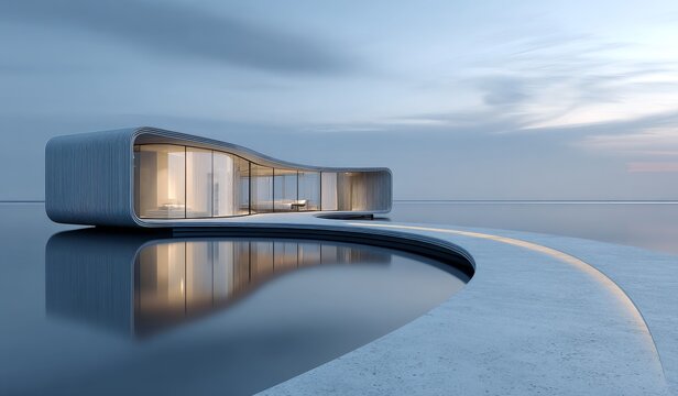 A modern minimalist house by the water features smooth curves and a reflective pool, blending with the serene environment. - Powered by Adobe