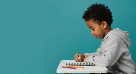 A focused young African American boy writing in a notebook at his desk. Elementary student doing homework. Education and learning concept with copy space