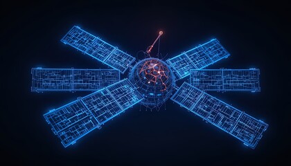 Futuristic satellite concept design with glowing neon lines, showcasing technology and innovation for space exploration