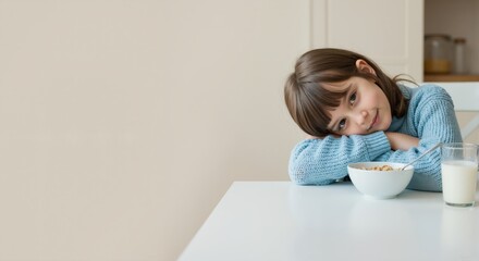 Cute girl in a blue sweater smiling while having breakfast. Child eating cereal from a bowl at a white table. Morning routine and healthy lifestyle concept with copy space