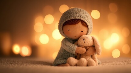 A cozy, heartwarming scene featuring a child holding a stuffed bunny, surrounded by soft, glowing lights, evoking feelings of comfort and innocence.