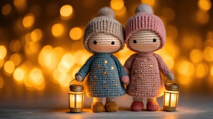 Two adorable crocheted dolls hold lanterns, surrounded by a warm, glowing background, creating a cozy and charming atmosphere.