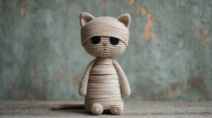A handmade, crochet cat doll with a textured appearance, wearing a bandage-like covering, standing against a rustic background.