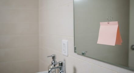 Blank pink memo pad clipped to a bathroom mirror. Daily reminder and to-do list concept with copy space for text