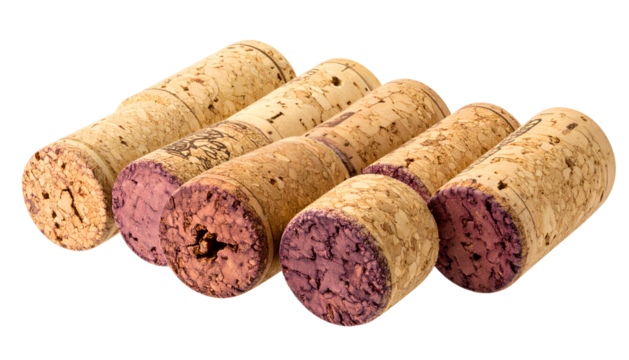 Close-up of six used wine corks arranged together, isolated
