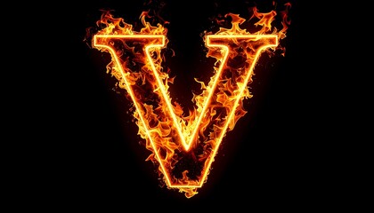Fiery Letter V on Black Background with Burning Alphabet, Creative Design, and Abstract Concept.