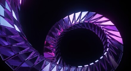 Abstract Purple and Blue Geometric Spiral with Glowing Crystal Facets, Forming a Luminous Helix Structure for Futuristic and Dynamic Visuals.