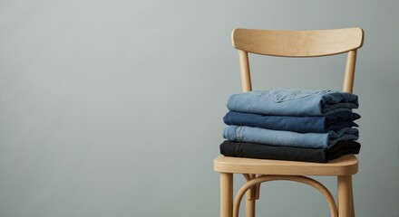 Stack of folded denim jeans on a wooden chair against a gray wall. Wardrobe organization and minimalist fashion concept with copy space