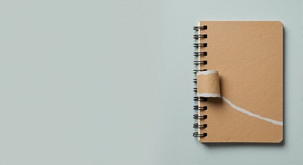 Top view of a spiral notebook with a torn brown paper cover. Minimalist stationery flat lay with copy space for text