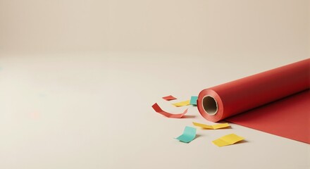 A roll of red craft paper with colorful confetti scraps. Creative DIY and gift wrapping concept. Minimalist background with copy space