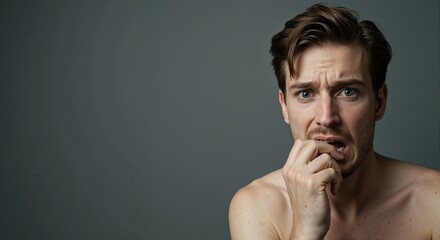 Anxious young man biting his nails in fear. Close-up portrait of a worried person experiencing stress. Mental health concept with copy space