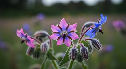 Close up view of vibrant flowers with delicate petals in soft focus