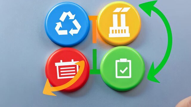 Recycling battery circularity and black mass process with sustainability factory icons and arrows illustrating sustainable recycling methods