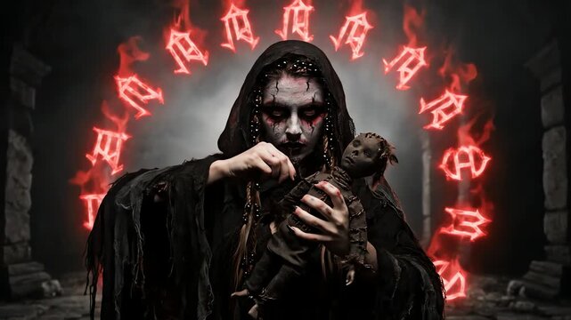 mystical woman performing dark ritual with voodoo doll