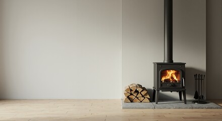 Wood-burning stove with a warm fire in a cozy, minimalist room. Modern home interior with a blank wall for copy space. Hygge and comfort concept