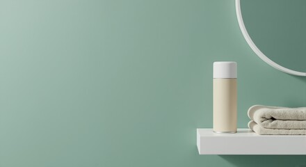 Minimalist cosmetic product mockup on a white shelf against a green wall. Modern bathroom scene for beauty and skincare display. Wellness and self-care concept with copy space