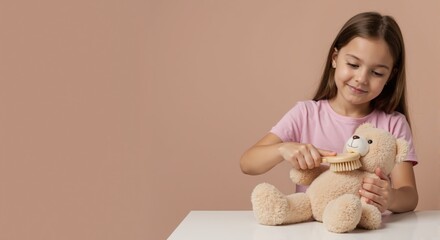 A cute little girl brushing her plush toy bear. Child playing and taking care of her stuffed animal friend. Childhood friendship and imagination concept with copy space