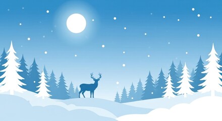 Peaceful Winter Night Scene with a Deer in a Snowy Forest and Falling Snow under a Bright Moon