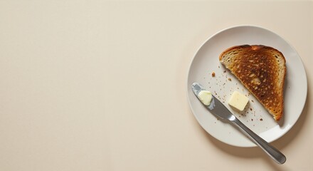 Toasted bread with butter on a plate. Simple minimalist breakfast flat lay from a top view with copy space