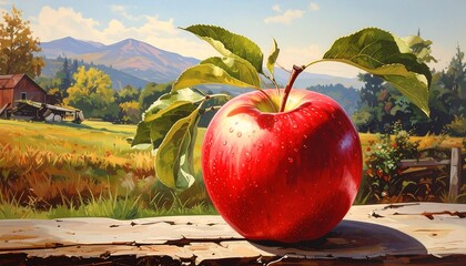 Red apple on rustic wood