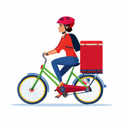 Obraz premium Delivery person on a cargo bike navigates a city street. Bright, modern illustration shows efficient urban logistics and sustainable delivery.