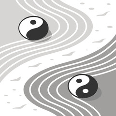 Yin Yang symbols in a zen garden design balance harmony