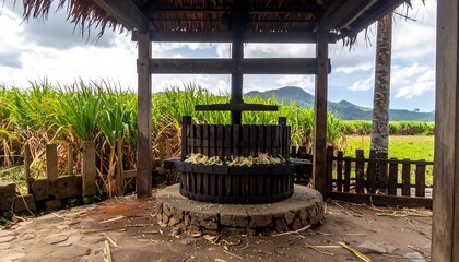Sugarcane press under thatched shelter