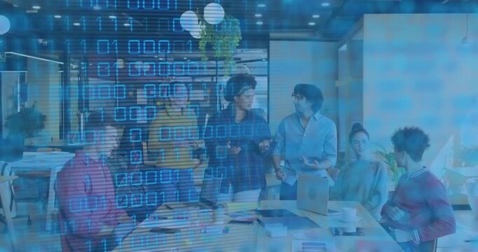 Woman presenting files in tech meeting while coworker rising and binary overlay shifting into chart