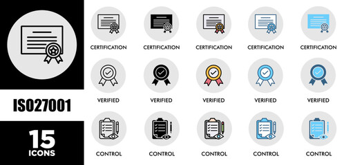 ISO27001 icon set with various styles and colors of corporate sustainability performance for investment screening	