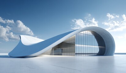 A modern architectural structure with curved lines and large glass windows, showcasing contemporary design and innovative form.