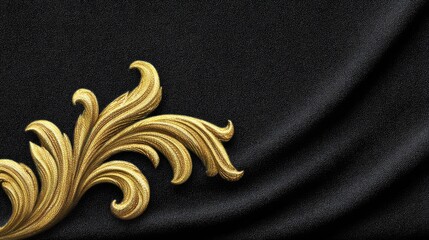 Elegant golden ornament on luxurious black fabric with smooth texture, ideal for backgrounds, advertisements, or creative designs to convey refinement and sophistication.